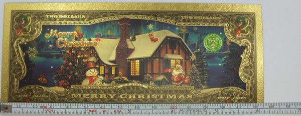 Merry Christmas X-Mas Santa Holiday $2 Gold Foil Note Stocking Stuffer GFN70