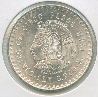 1948 Cuauhtemoc Mexico Silver 5 Pesos Coin -ER641