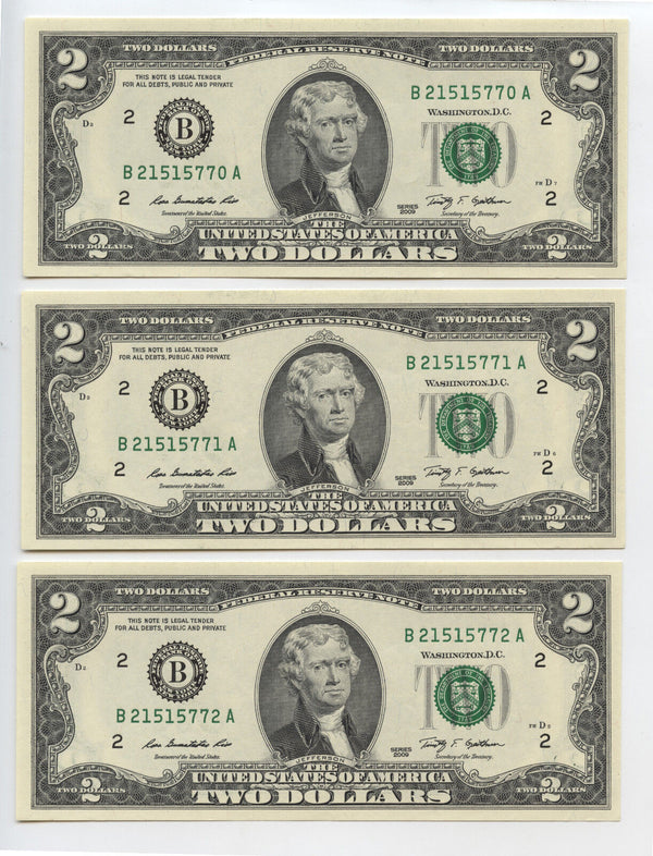 2009 Serial Run $2 Federal Reserve 7-Note Set Consecutive Currency New York AT26