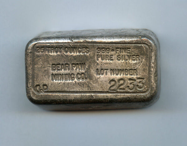 Bear Paw Mining Co 25 Troy Oz 999 Fine Silver Bar Ingot Vintage Poured - JP158