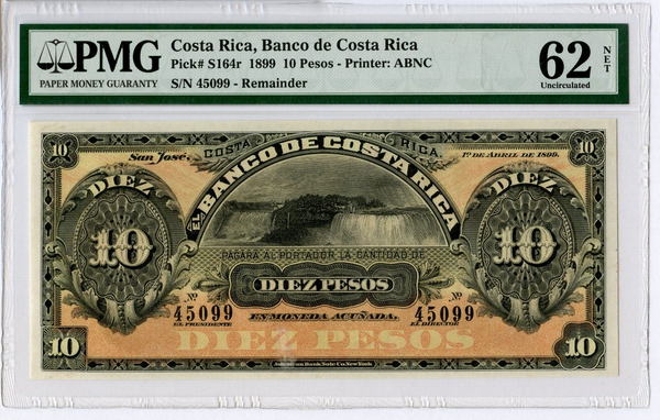 1899 Costa Rica 10 Diez Pesos PMG 62 P-S164r Banknote Currency - JP096