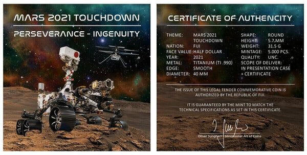 2021 Mars Rover NASA 31.5 g Titanium Half Dollar Fiji Coin OGP Box COA - JN681