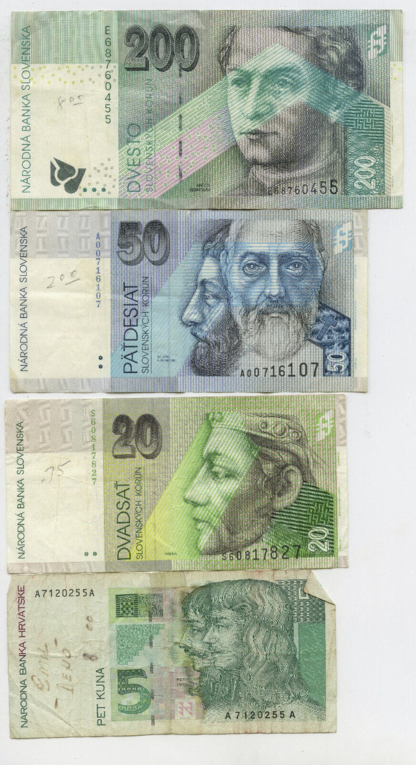 Slovakia Currency Lot 5, 20, 50, 200 Currency Korun Money DN170