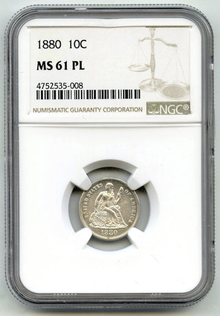 1880 Seated Liberty Silver Dime NGC MS 61 PL Certified - E242