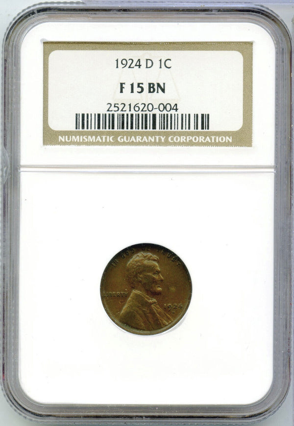 1924-D Lincoln Wheat Penny F 15 BN NGC Certified -Denver Mint -DM497