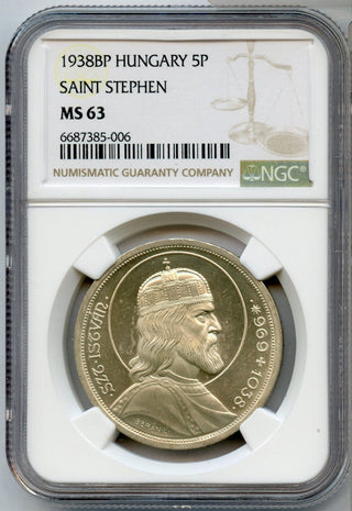 1938-BP Hungary Saint Stephen 5 Pengo Silver Coin NGC MS63 5P Certified - JP594
