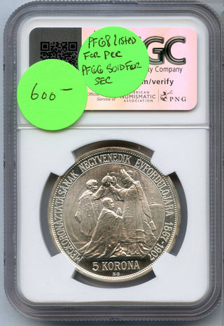 1907-KB Hungary Coronation 5 Korona Silver Restrike Coin NGC PF67 Cameo - JP618