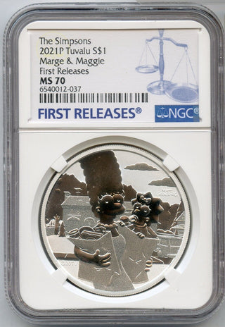Marge & Maggie 2021 The Simpsons 1 Oz Silver NGC MS 70 Tuvalu $1 Coin - JN702