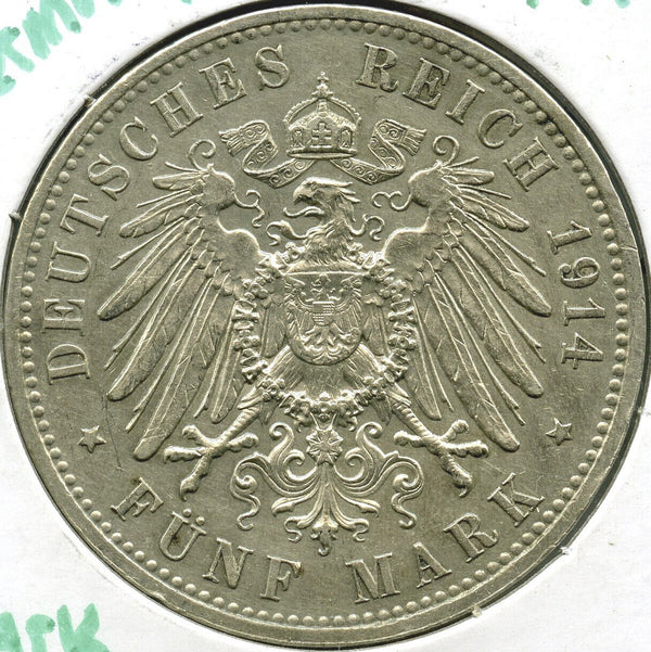 1914 German States Prussia 5 Mark Foreign Silver Coin -DM252