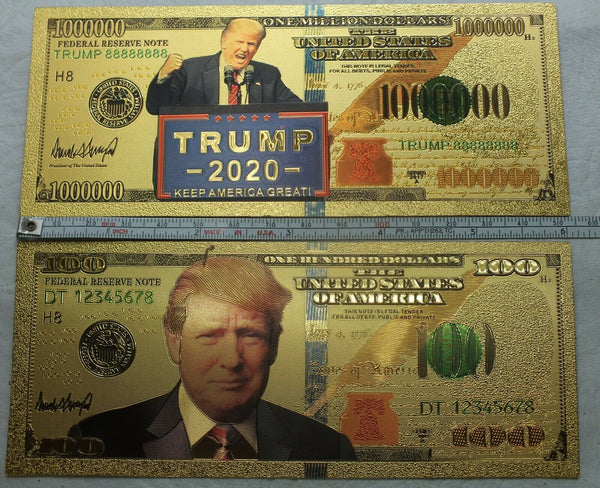 2020 Donald Trump USA Gold Note Set $100 $1000 Million MAGA 24k Plated Currency