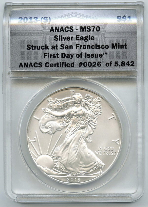 2013-(S) American Eagle 1 oz Silver Dollar ANACS MS70 First Day Issue - A440