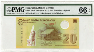 2007 ND 2012 Nicaragua 20 Cordobas PMG Certified 66 EPQ Gem Uncirculated G598
