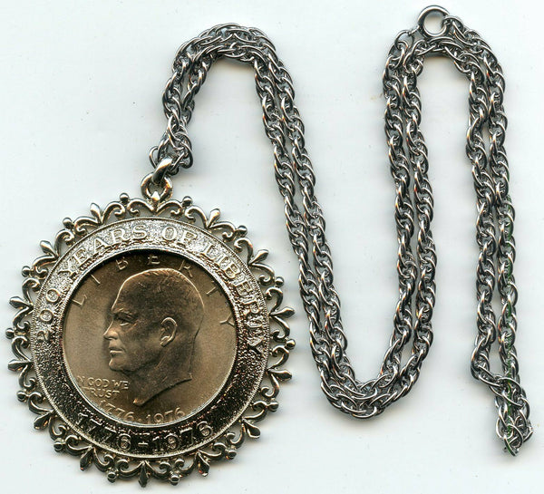 1976 Eisenhower Ike Dollar - Coin Bezel & Necklace Chain - Jewelry - BX525