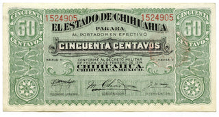 1914 Mexico Chihuahua Currency Note 50 Cincuenta Centavos Mexican Banknote A405