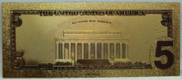 2009 $5 Federal Reserve Note Novelty 24K Gold Foil Plated Note Bill 6