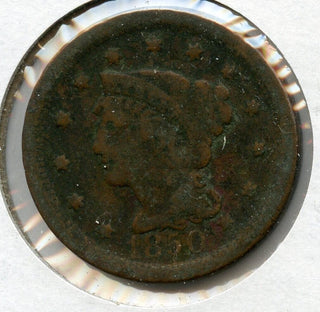 1850 Braided Hair Large Cent US Copper 1c Coin - JP136