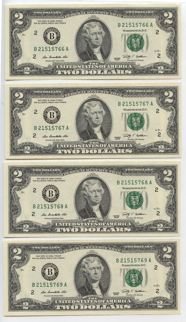 2009 Serial Run $2 Federal Reserve 7-Note Set Consecutive Currency New York AT26