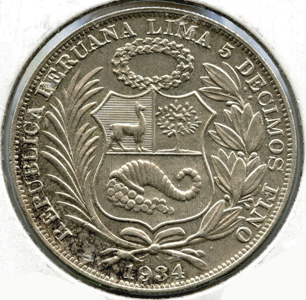 1934 Peru Silver Coin Un Sol - Firme y Feliz Peruana Lima - 5 Decimos Fino - B05