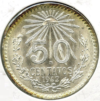 1942 Mexico 50 Centavos .720 Silver Coin Uncirculated Moneda Plata Toning E667