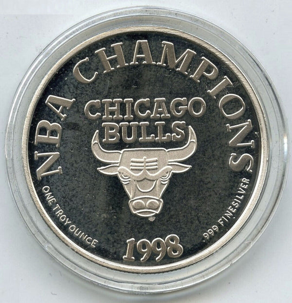 1998 Chicago Bulls Six-Time NBA Champions 999 Silver 1 oz Medal Round Case B600