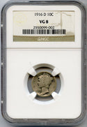 1916-D Mercury Silver Dime NGC VG8 10c Certified Coin Denver Mint - JP025