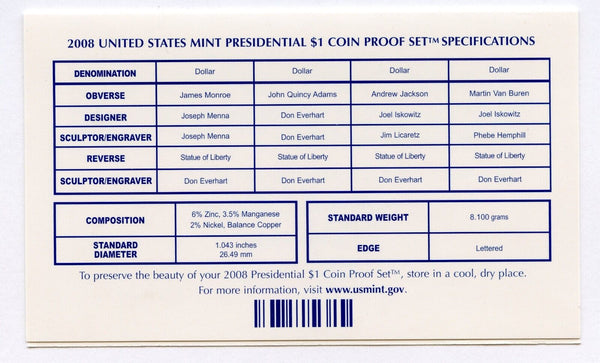 2008 United States Presidential Dollar 4-Coin Proof Set - U.S. Mint OGP