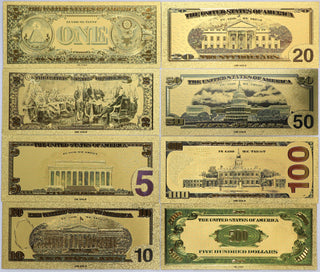 Gold Note Set $1 $2 $5 $10 $20 $50 $100 $500 Federal Reserve 24k Currency GFS07