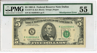 1981-A $5 Federal Reserve Note Misalignment Error PMG AU 55 Certified - JL502
