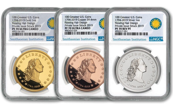 1794 - 2019 Silver Dollar Flowing Hair 1 Oz Gold Silver Copper NGC PF70 Set